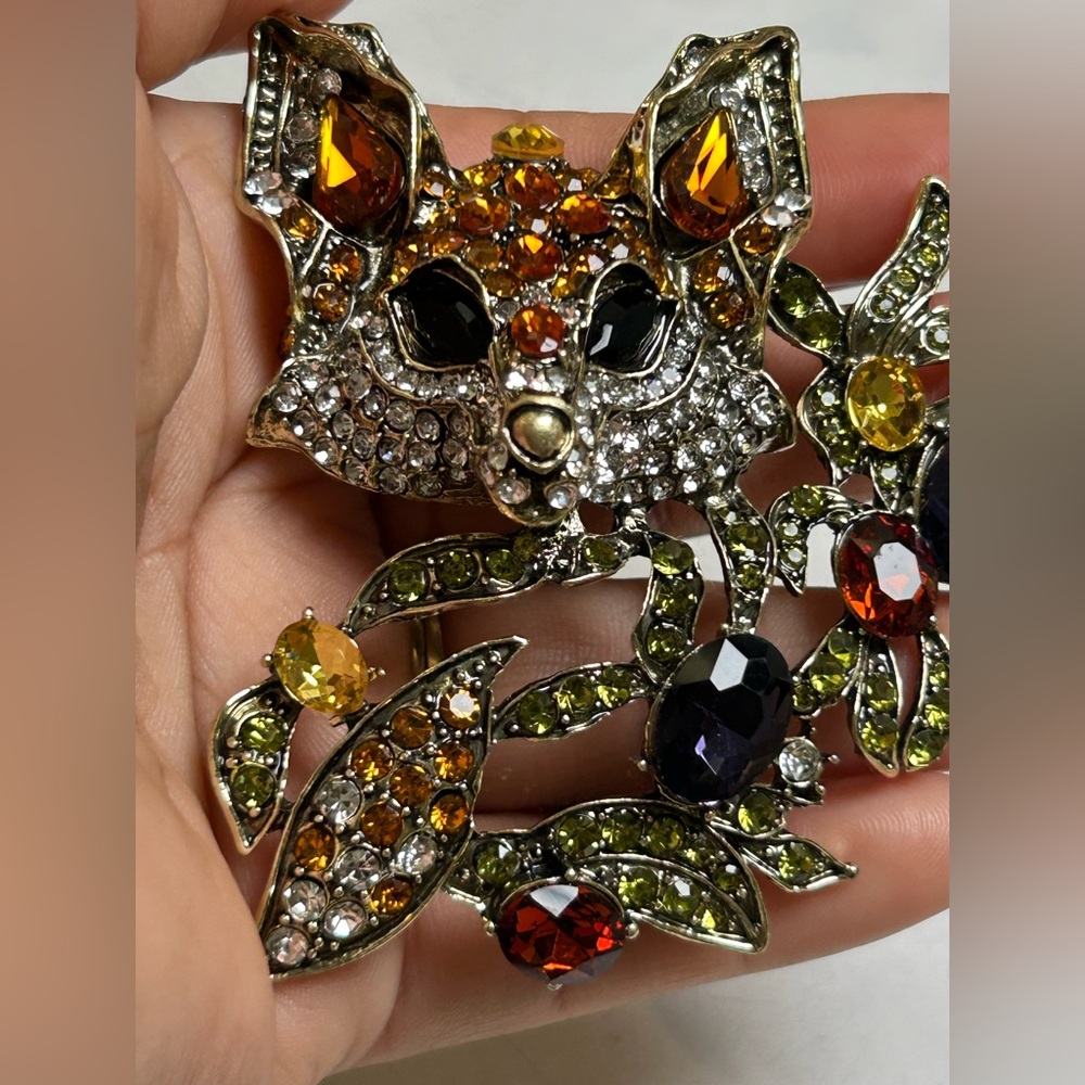 3” Fox Crystal Brooch in Amber, Olive & Black